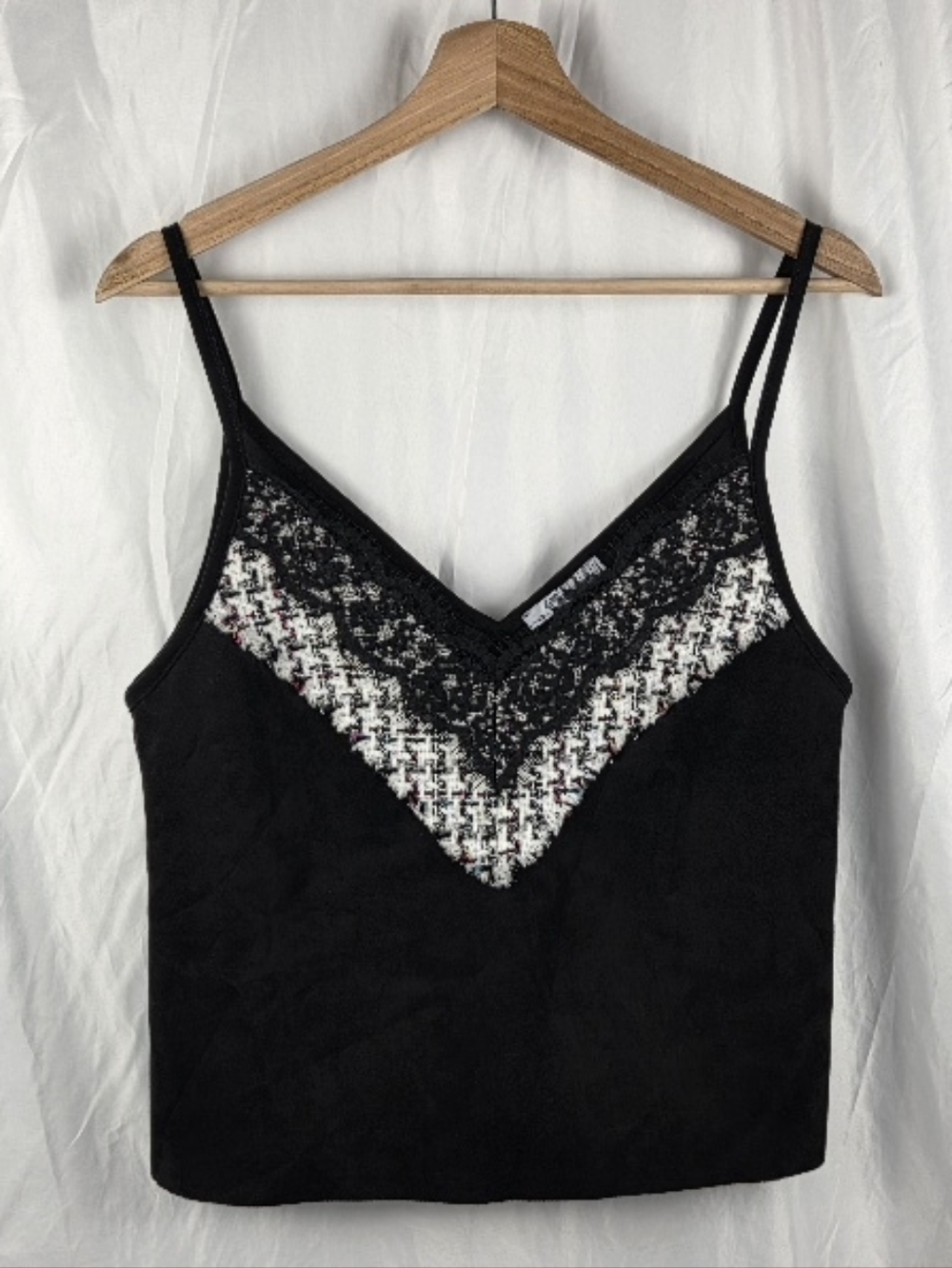 Zara Black Lace-Trim Tweed V-Neck Faux Suede Spaghetti Strap Camisole Medium